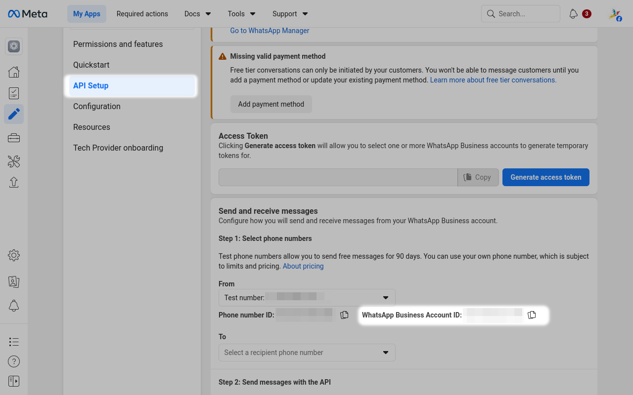 Dashboard dell'app con ID account aziendale