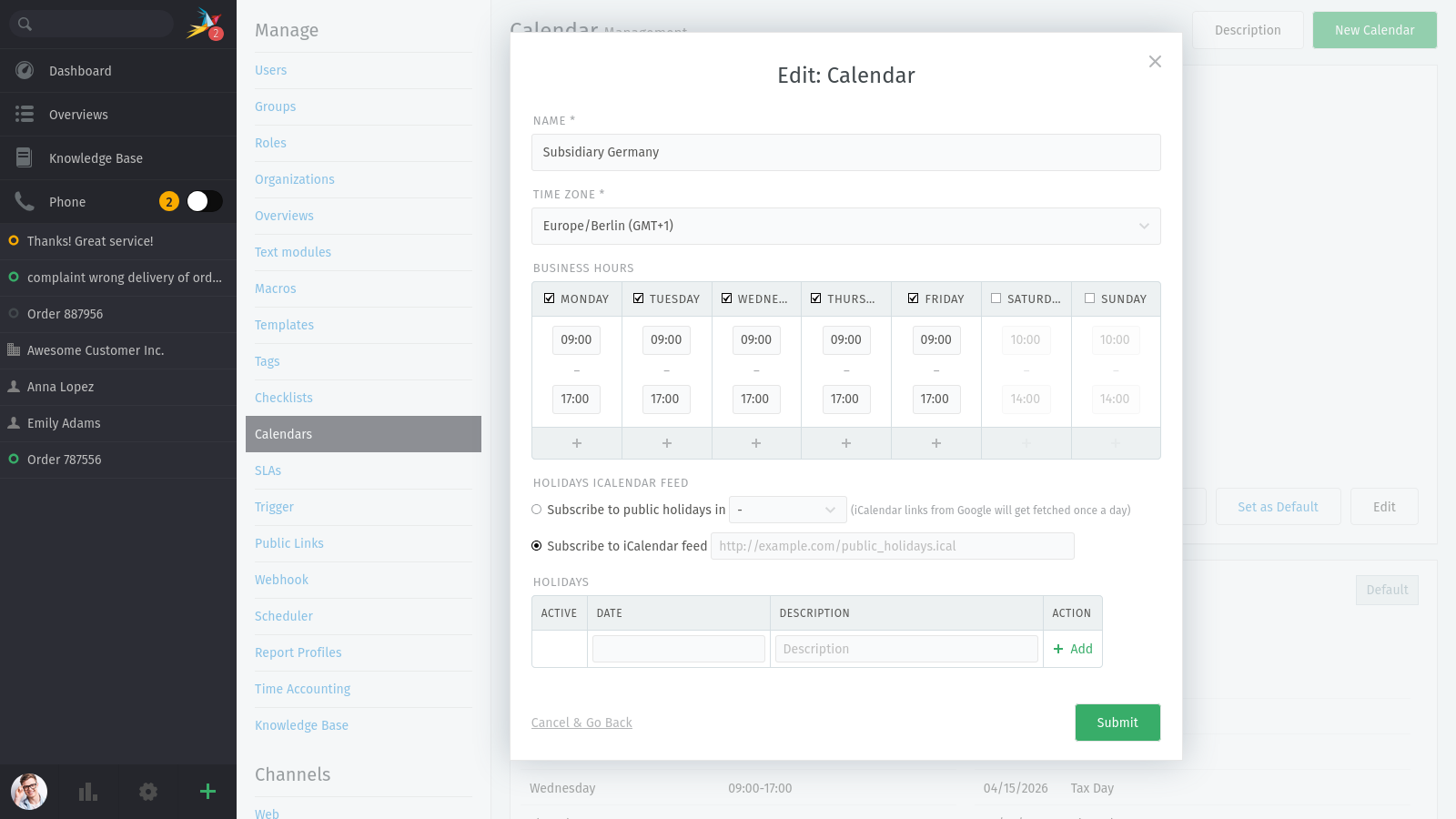 Screenshot mostra la finestra di dialogo di configurazione del calendario.
