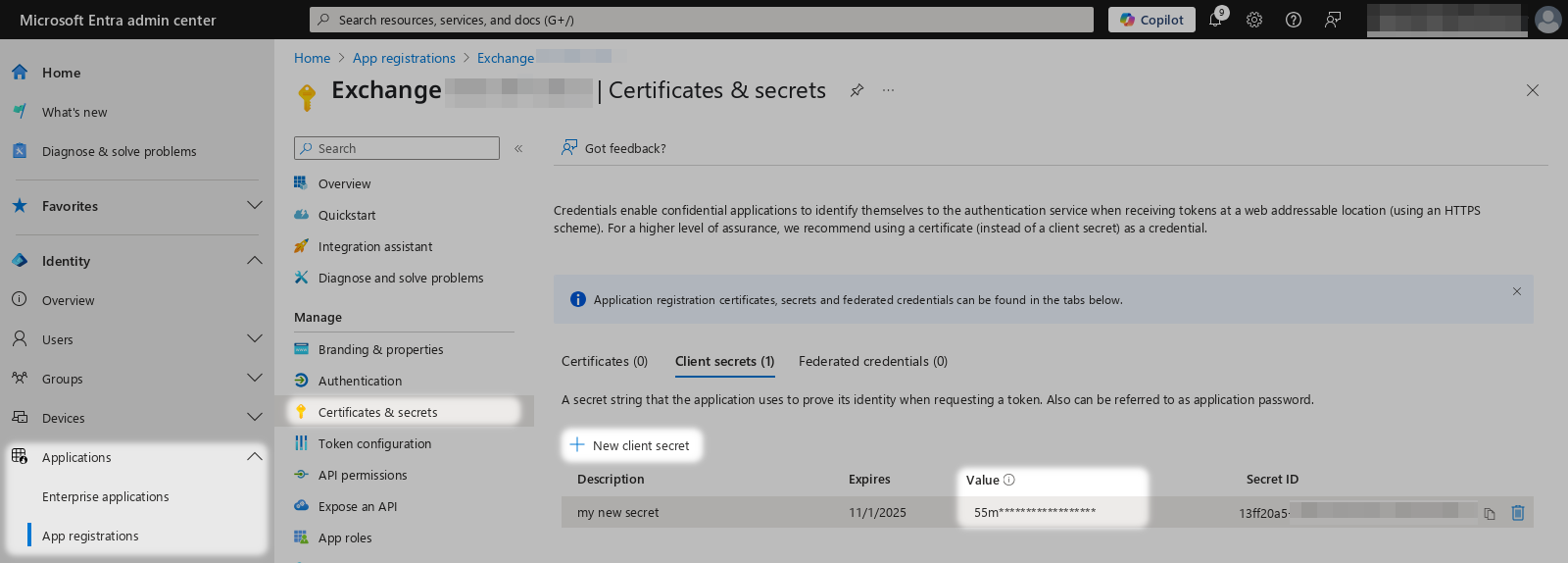 Screenshot mostra il segreto dell'app nel centro amministrazione Entra di Microsoft