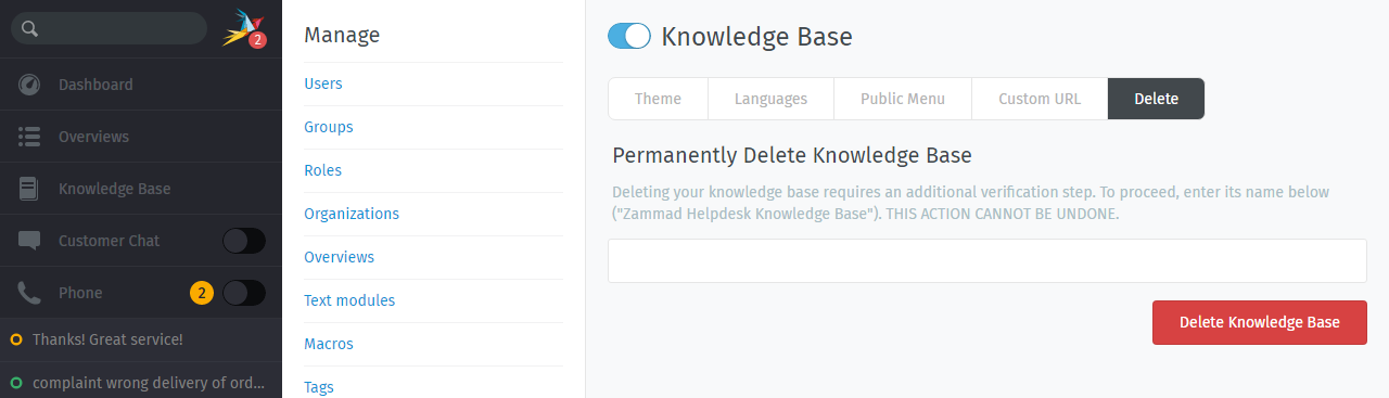 Knowledge Base: Elimina knowledge base