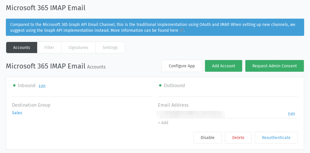 Pannello delle impostazioni email