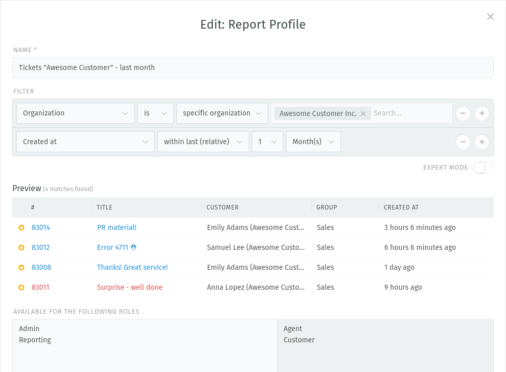 Screenshot mostra la finestra di dialogo di creazione/modifica del profilo di report