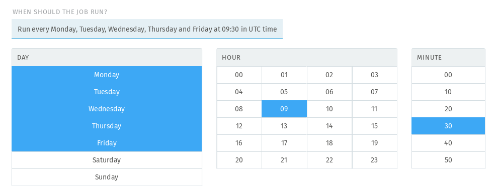 Screenshot mostra la selezione di data e ora nella configurazione del job dello scheduler