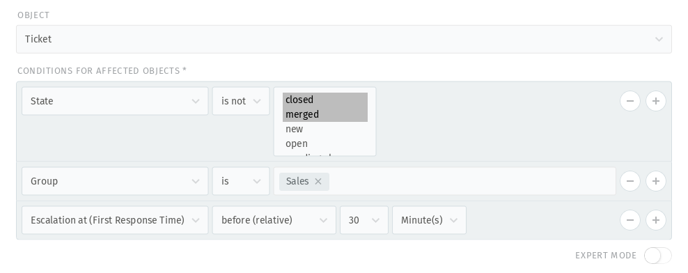 Screenshot mostra la definizione della condizione dell'oggetto nella configurazione del job dello scheduler