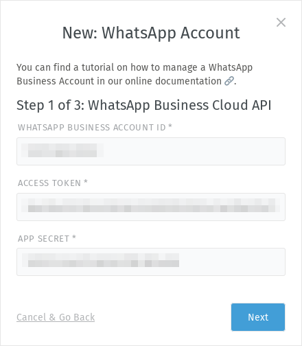 Passaggio 1 dell'aggiunta di un account WhatsApp