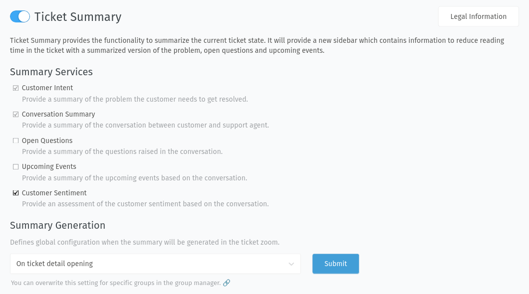 Lo screenshot mostra la configurazione del riepilogo ticket AI