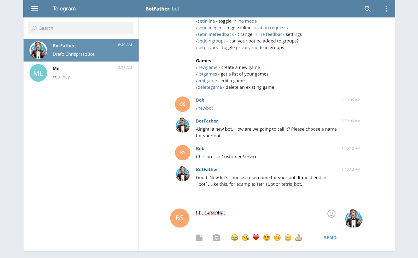Screenshot mostra la chat BotFather dove viene creato un nuovo bot