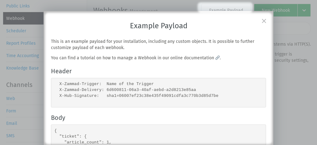 Payload di esempio fornisce un payload per l'istanza specifica