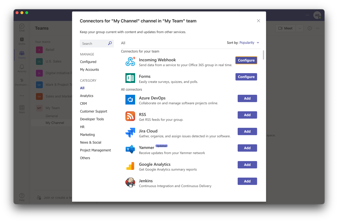 Webhook in entrata nell'elenco Connettori