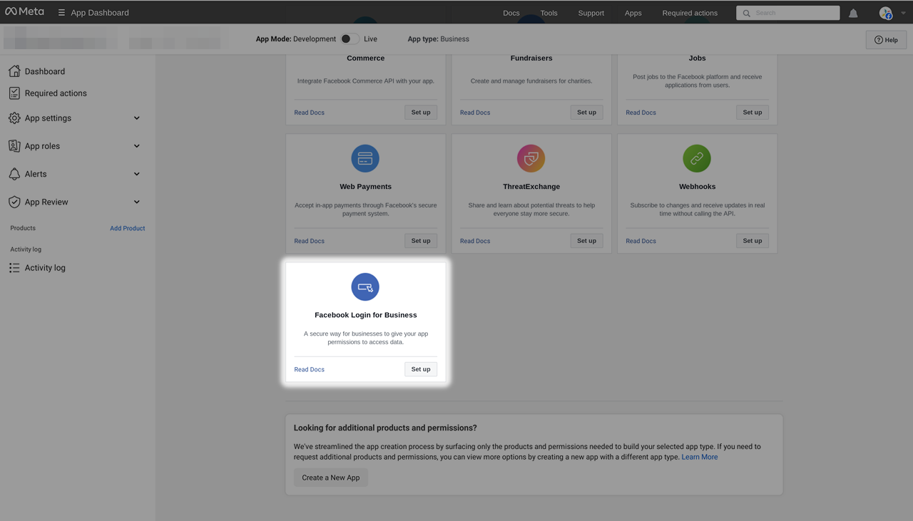 Снимак екрана који приказује преглед производа са наглашеним „Facebook Login for Business”