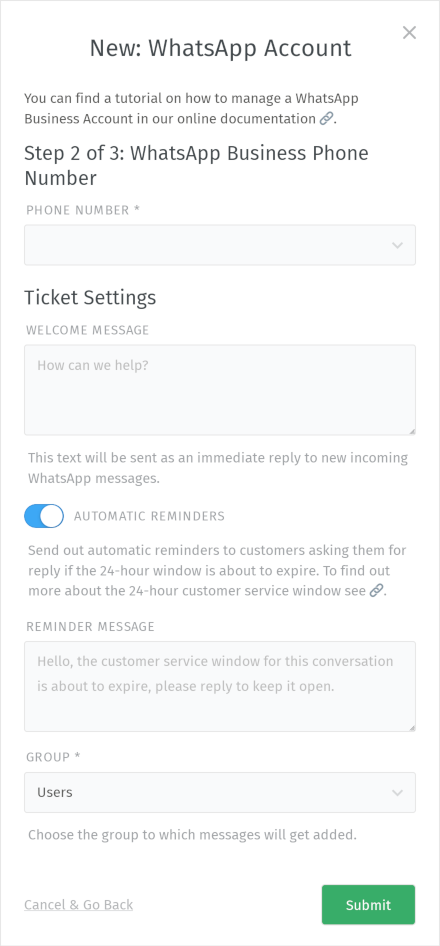 Корак 2 приликом додавања WhatsApp налога