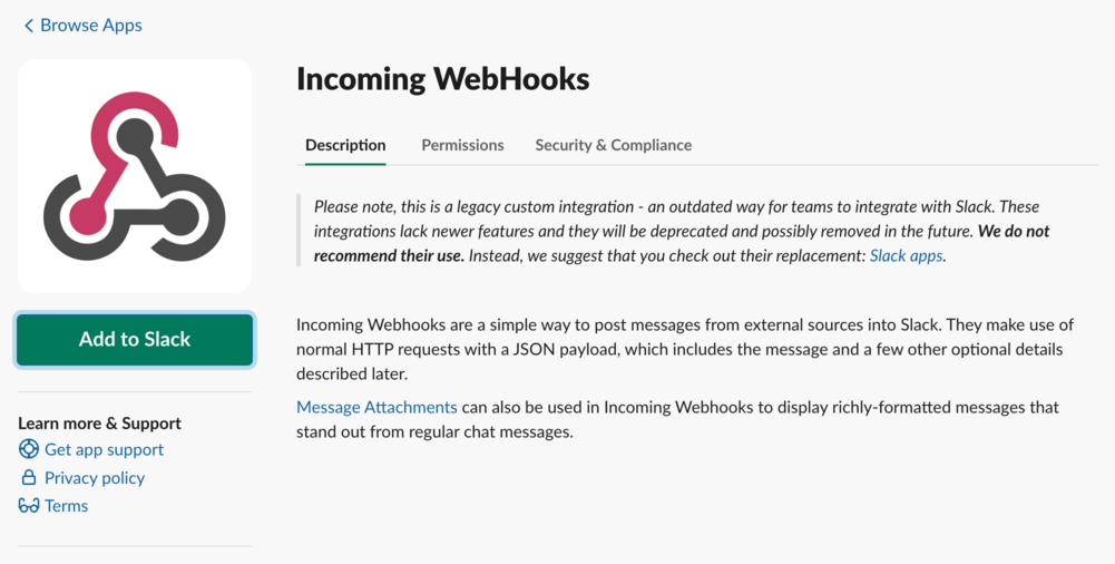 Додавање апликације Incoming WebHooks у Slack